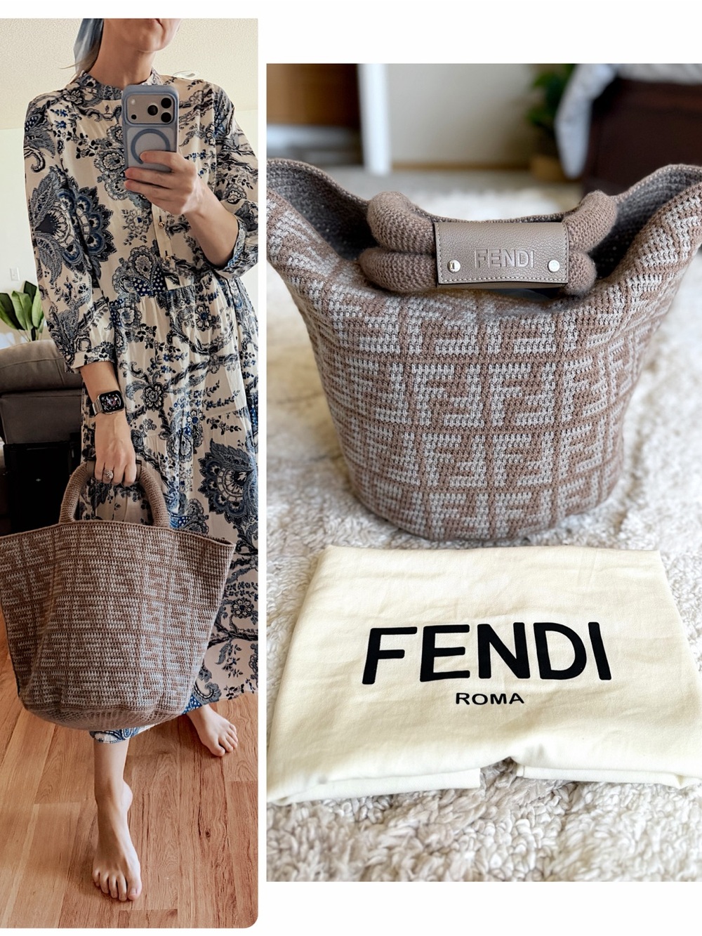 SOLD❤️FENDI FF Zucca shopping bag in jacquard cashmere woven tote - Picture 1 of 11